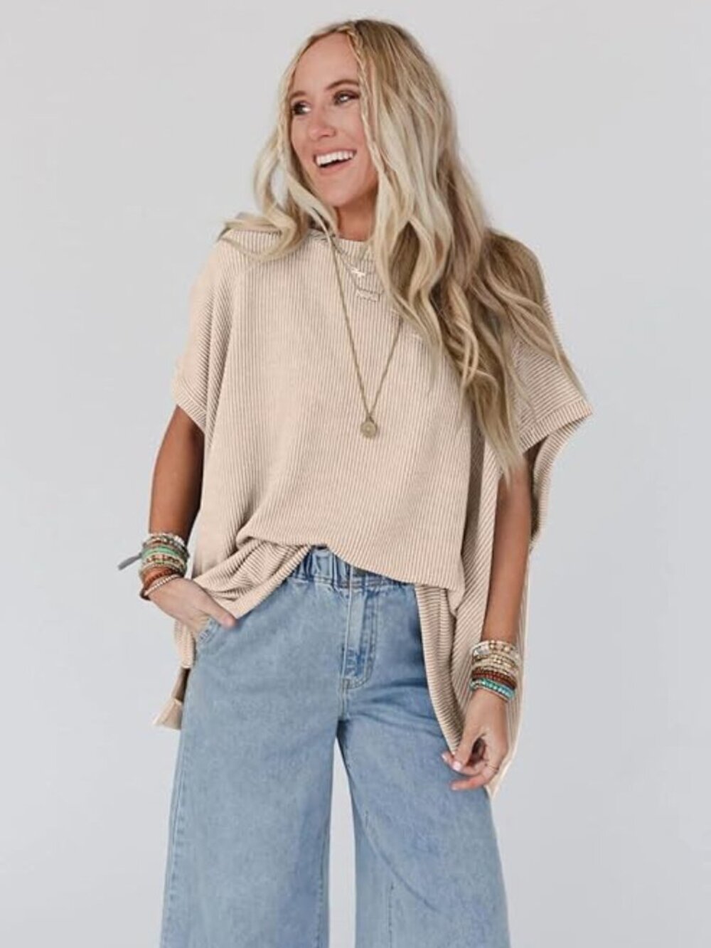 Beige Ribbed Oversized Boxy Top | Medium - Picture 9 of 9